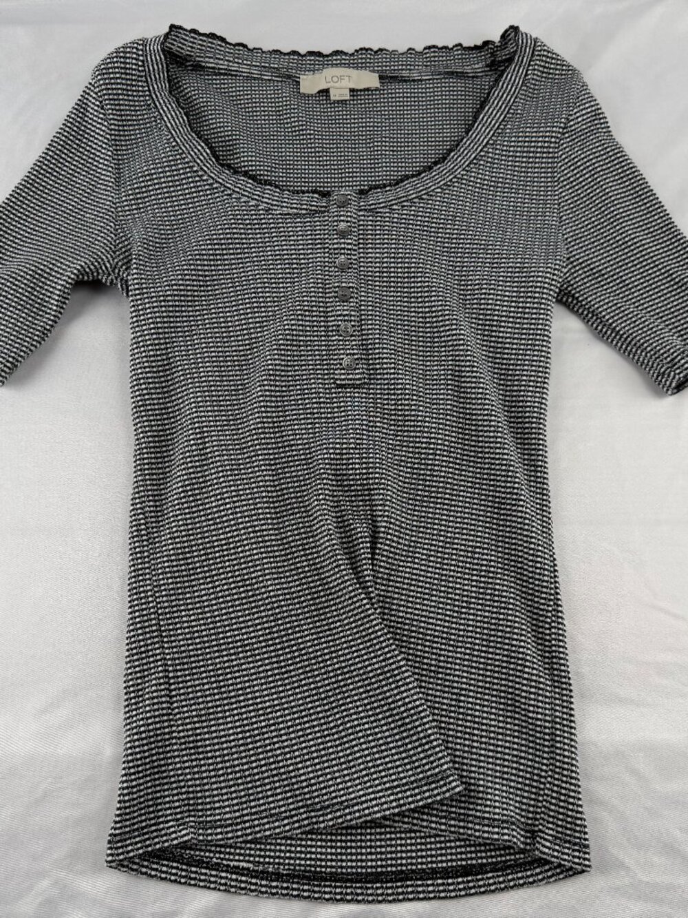 LOFT Black White Striped Waffle Knit Thermal Henley Top Shirt Medium M